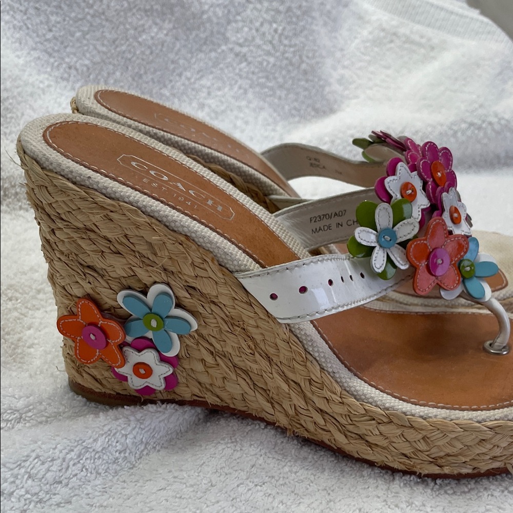 Coach Women's Wedge Sandals with Floral Accents - White and Tan - Picture 2 of 5